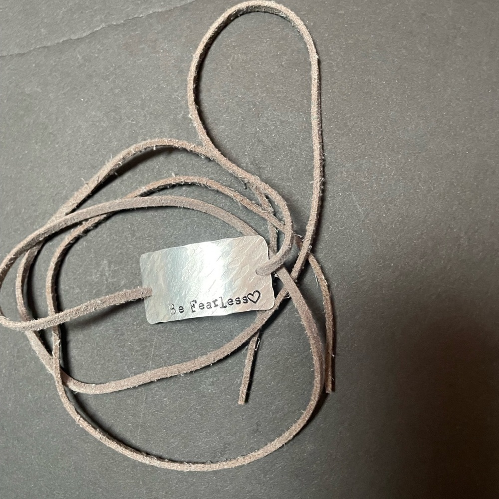 Hand Stamped Be Fearless SilverPendant Gray Leather String Wrap Bracelet
